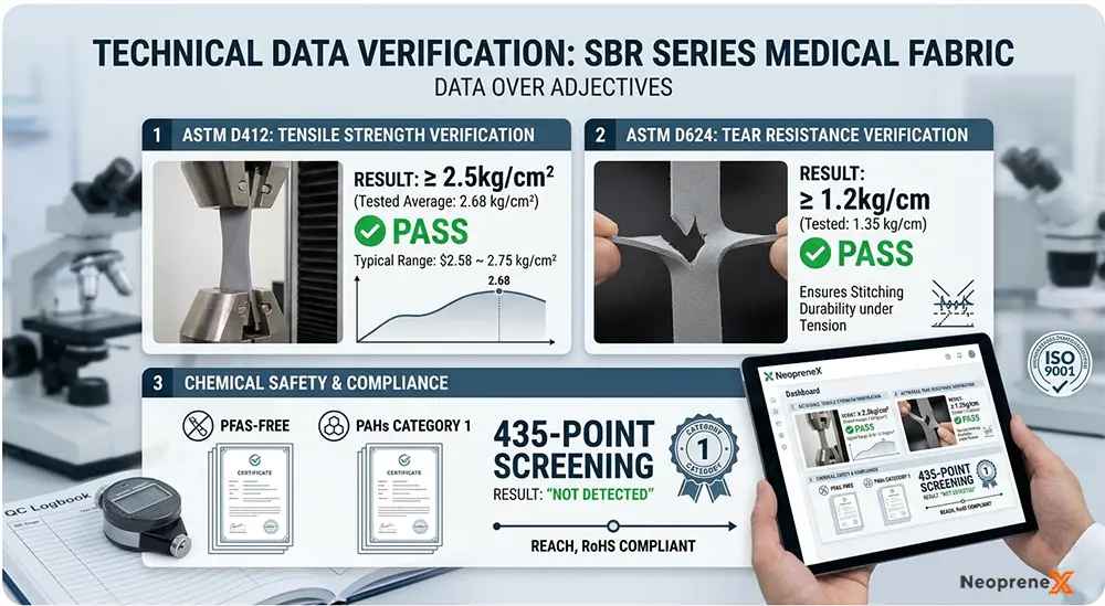Technical data report verifying NeopreneX SBR 4-9 degree medical fabric specifications: Tensile Strength $\ge 2.5kg/cm^2$ (ASTM D412), Tear Resistance $\ge 1.2kg/cm$ (ASTM D624), and 435-point PFAS-Free