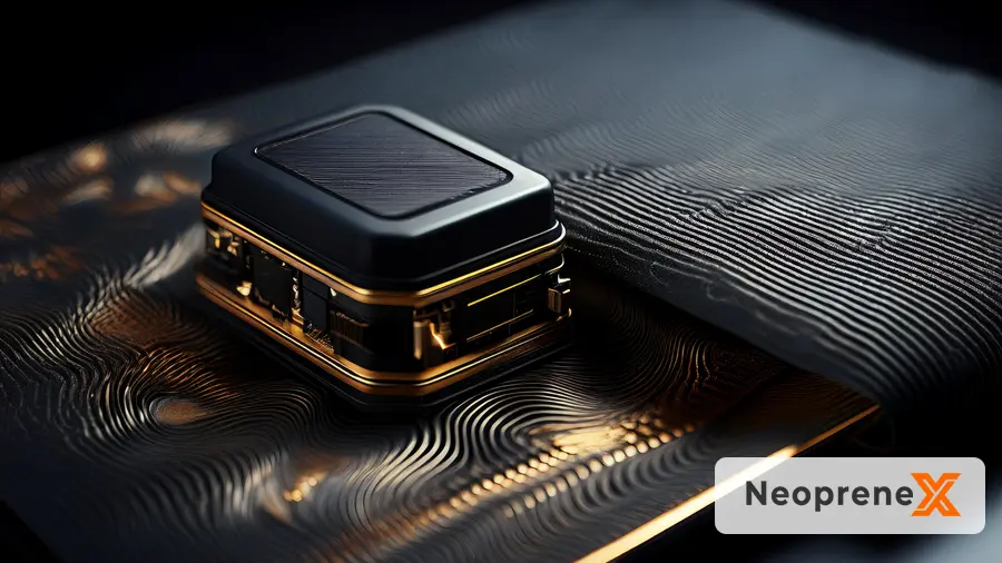 Cross-section of high-density tactical-grade SBR neoprene composite protecting a camera insert and circuit board, showing closed-cell foam core for vibration damping and thermal insulation