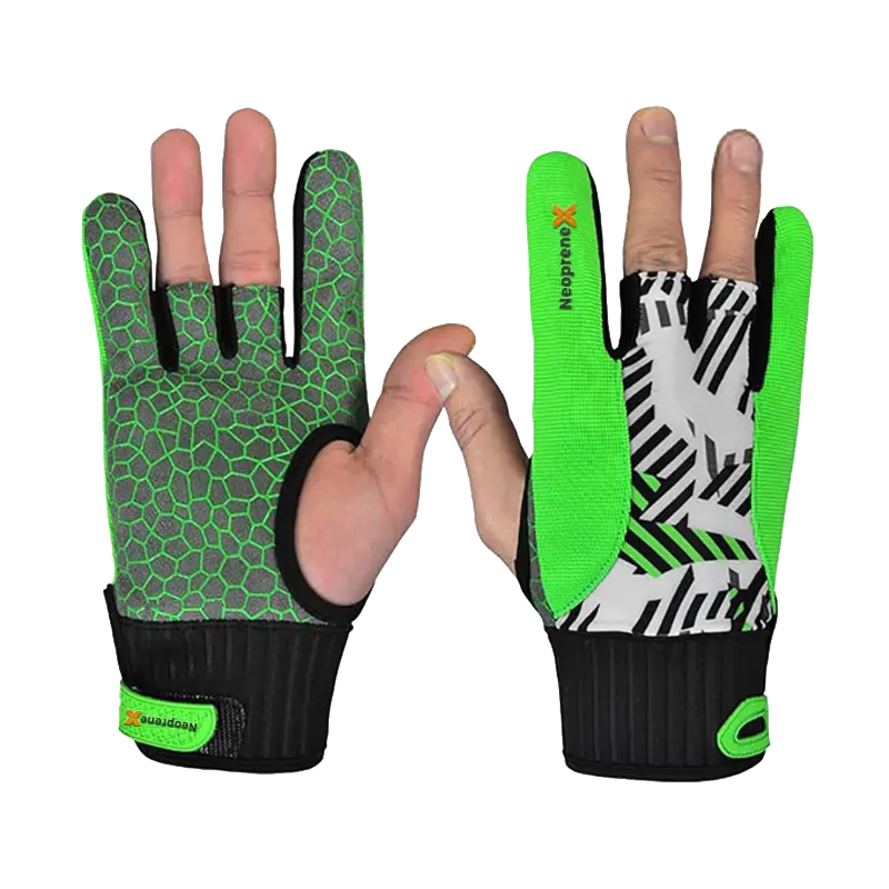 High-grip sports gloves utilizing NeopreneX green and black textured anti-slip neoprene for enhanced palm protection and friction.