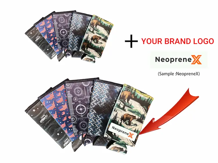 Visual guide showing how to add a custom brand logo onto 15cm designer patterned neoprene bottle koozies using precision offset heat transfer over a sublimated background.