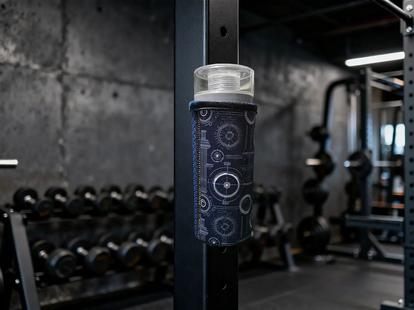 A 15.0cm blank magnetic bottle koozie with N52 magnets attached to a gym rack, demonstrating hands-free convenience for custom DIY fitness branding.