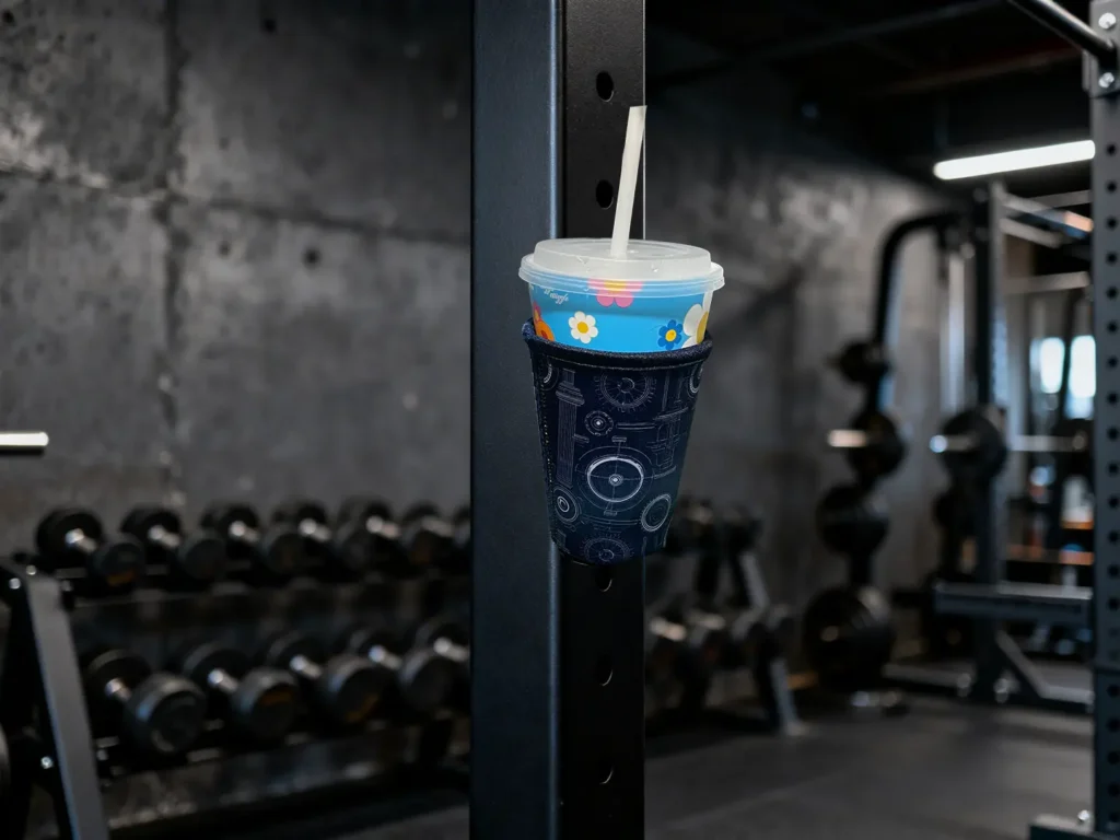 A blank magnetic coffee koozie with N52 magnets attached to a gym rack, demonstrating hands-free utility for 16oz to 24oz Venti cups in the fitness sector.