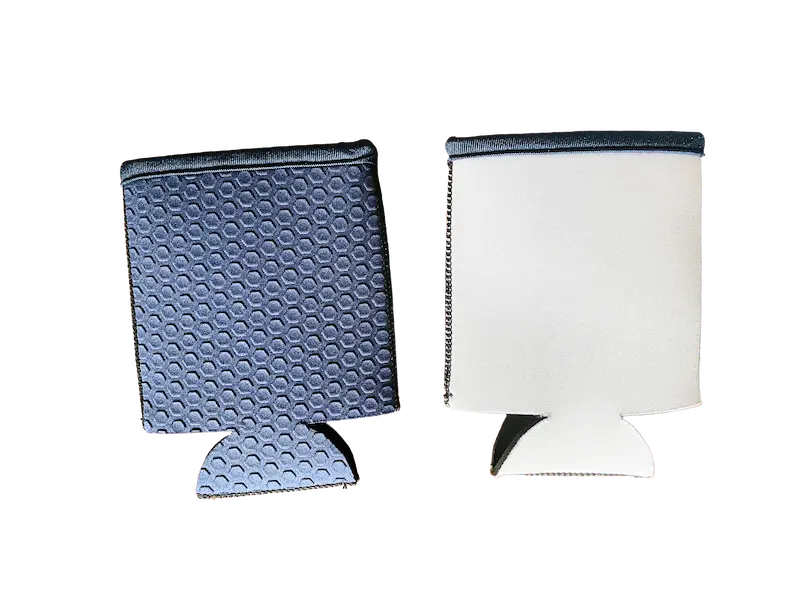 A blank premium white neoprene can koozie sample, ready for full-surface sublimation, demonstrating the high-density polyester base used in NeopreneX's OEM branding process.