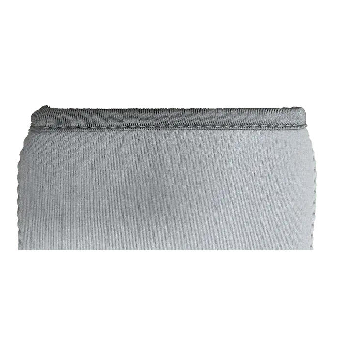 Conventional neoprene binding tape application on a grey fabric showing the extra material layer and bulky edge profile.