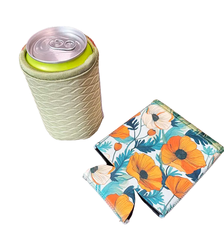 A floral custom neoprene can koozie shown both fitted on a 12oz can and folded flat, demonstrating its 4-way stretch vacuum fit and space-saving portability for branding.