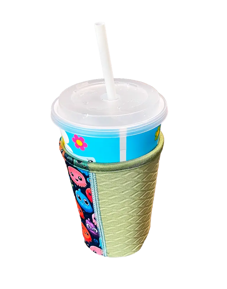 Close-up of a premium magnetic coffee koozie featuring high-density SBR neoprene with a functional embossed anti-slip backing and custom sublimation pattern.