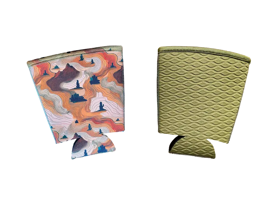 Custom-tone olive green neoprene coffee sleeve featuring \#6 Fine Grid embossing for a premium tactile feel and structural resilience in boutique retail branding.