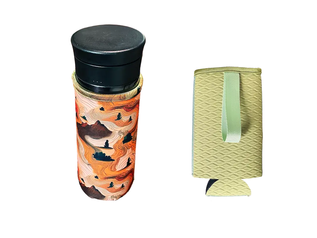 Comparison between an earth-tone mountain pattern bottle sleeve and its reverse side featuring #6 Fine Grid embossing on custom-tone olive green neoprene.