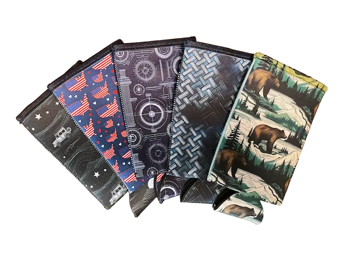 A fan-out display of 15cm sublimation printed bottle koozies featuring bear, mechanical gear, and geometric patterns, showcasing 100% color vibrancy on NeopreneX blanks.