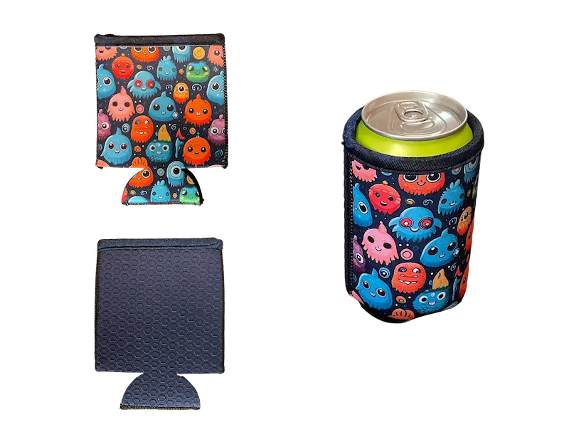 Collage of a finished custom neoprene can koozie with colorful monster sublimation print, showcasing the high-definition art reproduction and the black hexagonal anti-slip SBR backing.