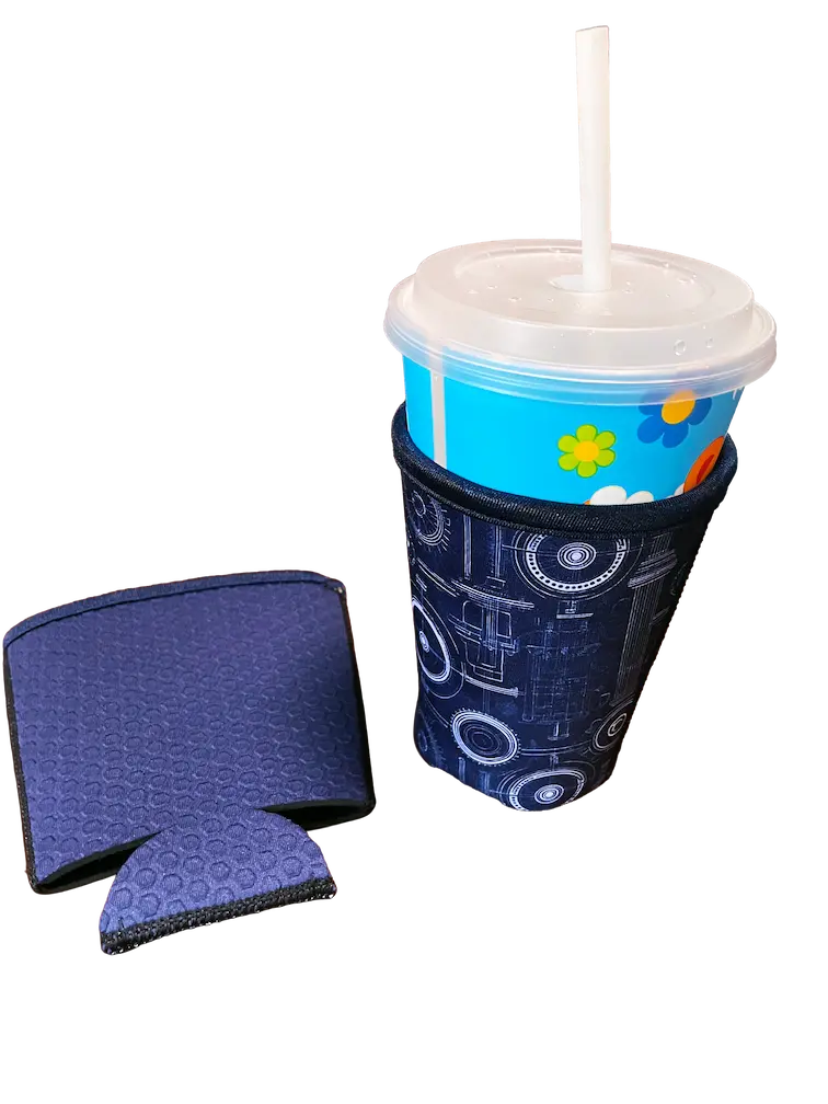 Collage of a custom sublimation printed neoprene coffee koozie showing the detailed industrial pattern and the hexagonal anti-slip embossed texture.