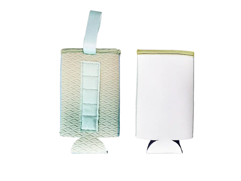 Magnetic 15.0cm blank neoprene bottle koozie for sublimation featuring N52 rare-earth magnets, a green shark-skin anti-slip back, and a durable webbing handle.