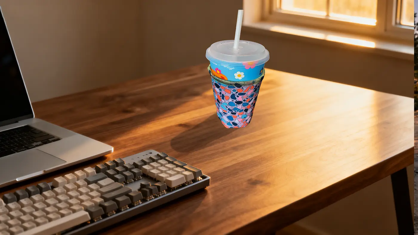 Custom printed neoprene coffee koozie on a wooden desk next to a keyboard, emphasizing condensation protection and spill-proof security.