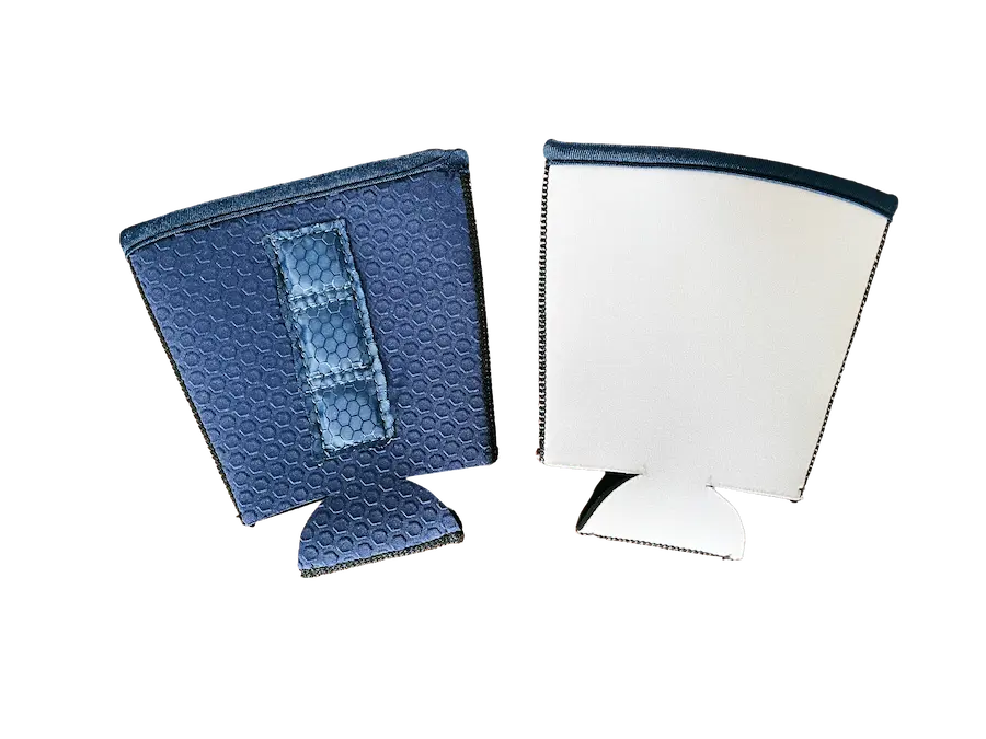 Magnetic coffee koozie blanks for sublimation featuring a white printable front and a blue embossed back with integrated N52 rare-earth magnets for hands-free utility.