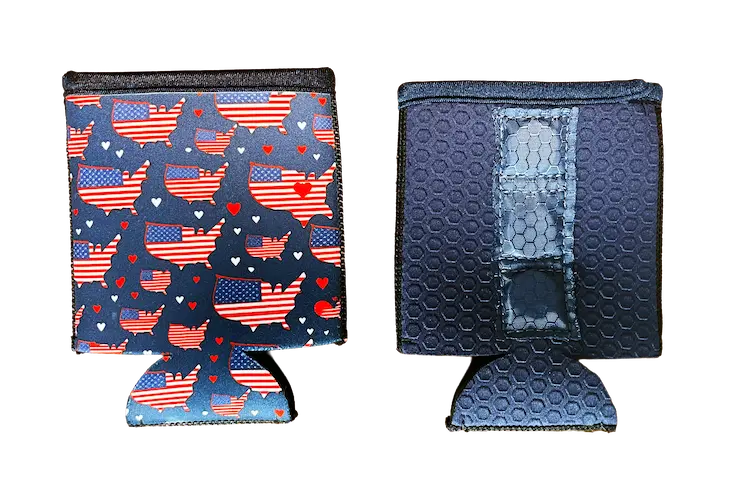 Detail of a magnetic neoprene can koozie with integrated N52 rare earth magnets securely embedded within reinforced layers for hands-free attachment to gym racks and metal surfaces.