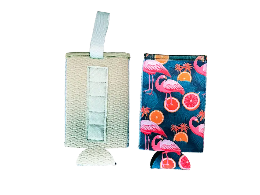 A magnetic 15cm neoprene water bottle sleeve with a flamingo print and sandwich-embedded N52 magnets on the embossed backing for hands-free gym utility.