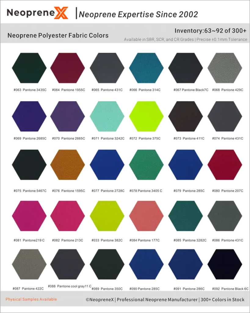 Neoprene fabric suppliers polyester color inventory index 63-92