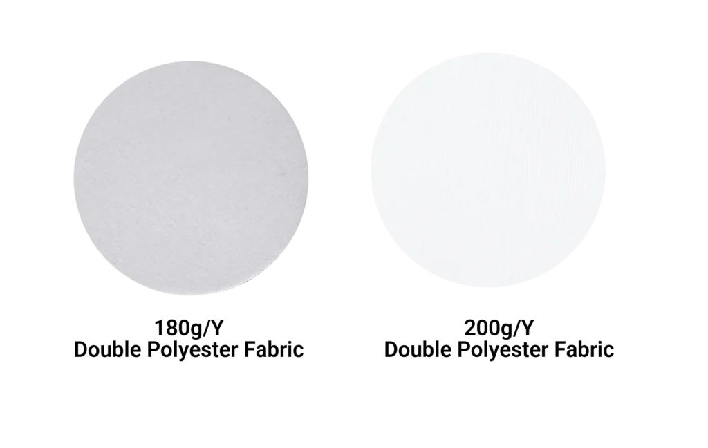 Visual comparison between 180g/Y and 200g/Y double polyester fabric for neoprene koozie sublimation, highlighting the superior density and whiteness of the 200g/Y material.