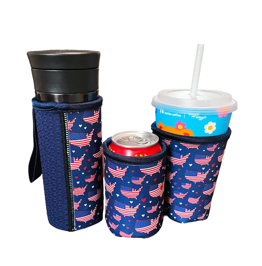 A set of high-margin sublimation neoprene blanks with US flag patterns, featuring a 15cm bottle sleeve, a 12oz can koozie, and a tapered coffee sleeve, illustrating consistent color vibrancy and industrial-grade SBR core durability