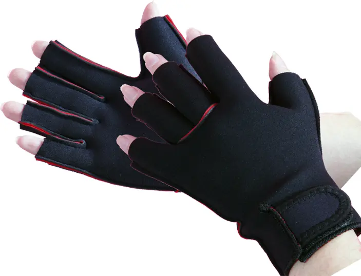 Side-by-side view of NeopreneX 1.5mm SCR compression gloves, showcasing the precision stitching and high-elasticity open-finger design for medical and industrial use.