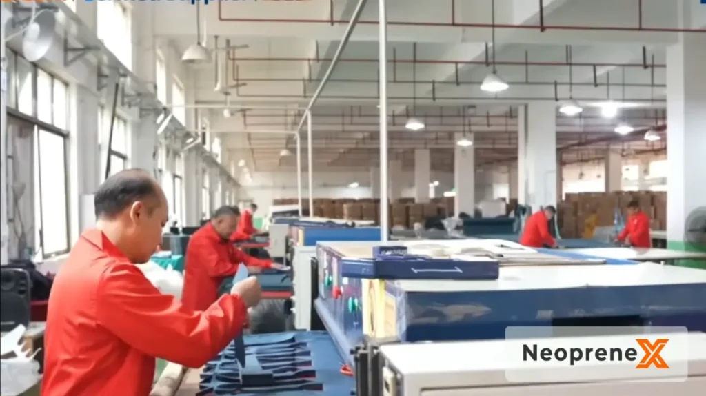Workers at the NeopreneX ISO-certified facility using high-pressure precision punching molds for die-cutting tactile windows on compression gloves to ensure zero-fray edges.