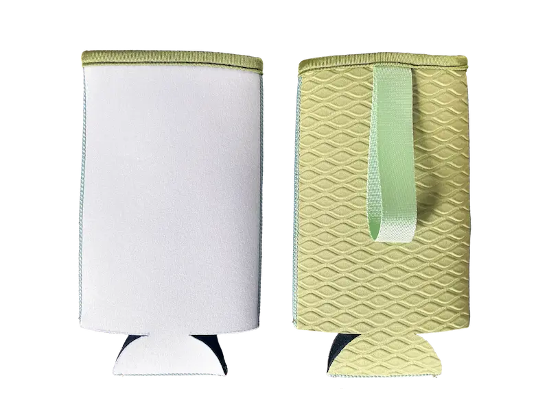A blank white 15cm neoprene bottle sleeve for OEM sublimation alongside its olive green embossed anti-slip backing and reinforced webbing handle, demonstrating factory-ready material quality.