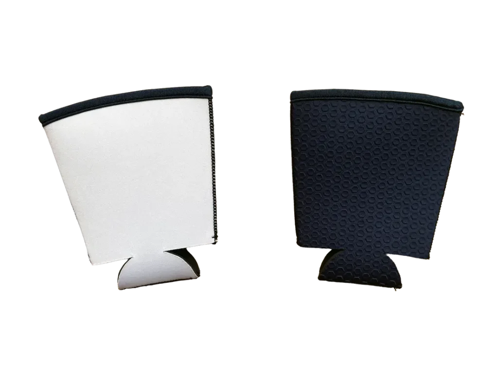Blank white neoprene coffee sleeve for custom sublimation printing, featuring a premium double-white polyester base and black hexagonal embossed anti-slip backing.