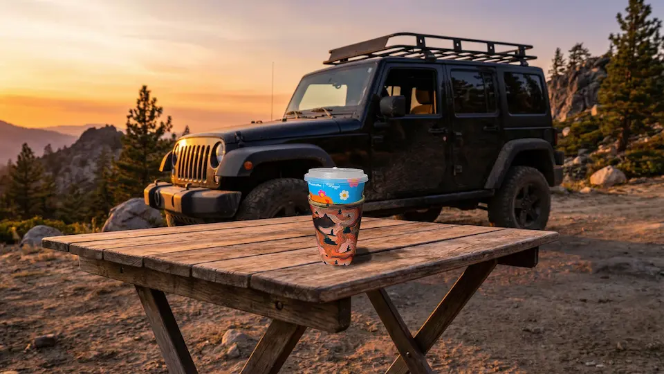 Rugged magnetic neoprene coffee koozie in an overlanding setting with a Jeep Wrangler, perfect for off-road travel and camping.