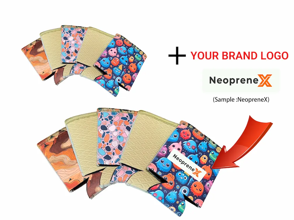 Step-by-step branding integration demonstration: how to add a custom company logo onto stock patterned neoprene can koozies using premium heat transfer technology.