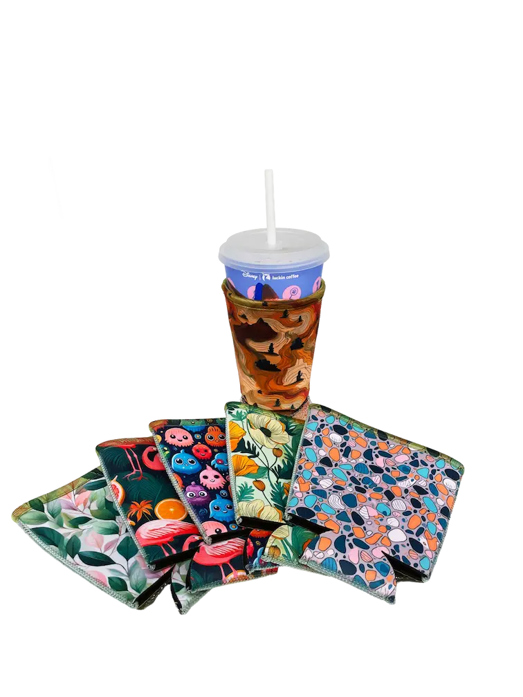 High-definition full-color sublimation printing on NeopreneX blank koozies, showcasing vivid floral and abstract patterns with professional Lycra-bound edges.