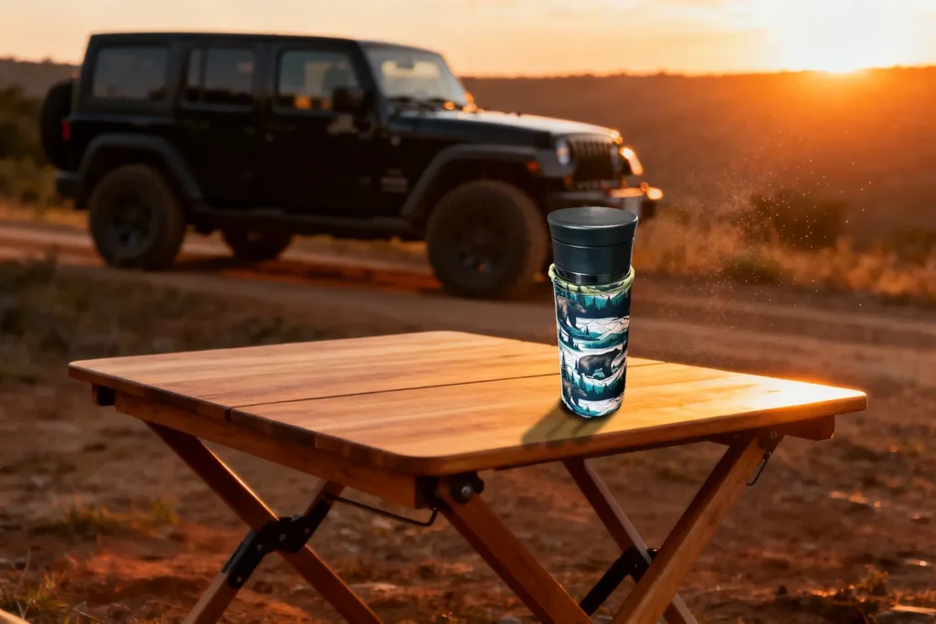 A premium 15cm neoprene bottle sleeve with a bear and mountain wilderness pattern on a wooden folding table, featuring a black Jeep Wrangler in a sunset background to demonstrate rugged outdoor utility.