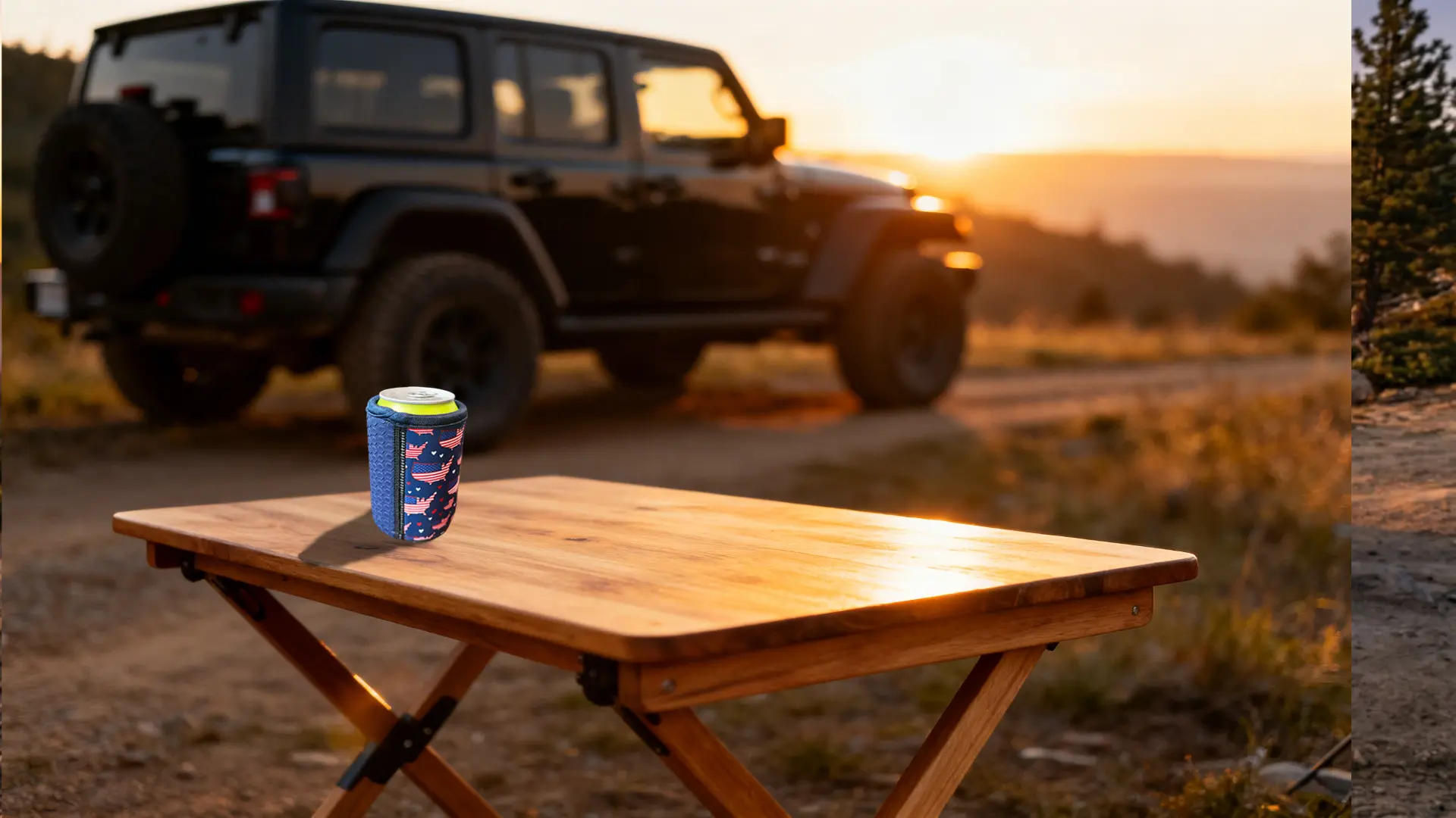 Blank magnetic koozie for sublimation in an outdoor setting with a Jeep, ideal for rugged B2B outdoor equipment and adventure branding.