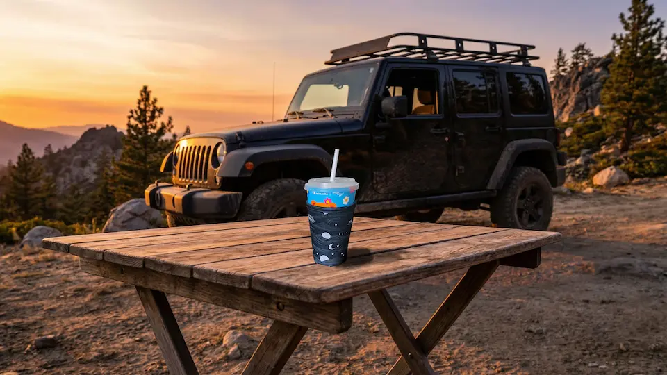 A custom printed magnetic neoprene coffee sleeve on a rustic wooden table with a black Jeep Wrangler and mountain sunset background, demonstrating outdoor durability for B2B wholesale.