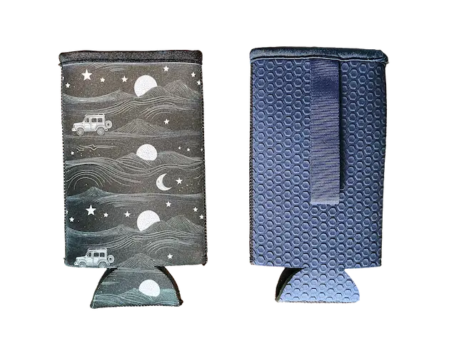 Detail view of #11 Shark Skin hexagonal embossed neoprene on a bottle sleeve with a night-sky pattern, showcasing maximum anti-slip grip for industrial and gym environments.