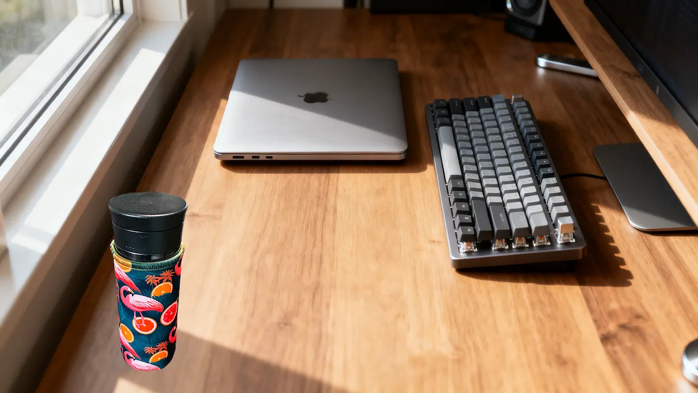 A customized 15cm bottle koozie on an office desk, showcasing the spill-proof security and superior insulation provided by our high-density SBR blanks.
