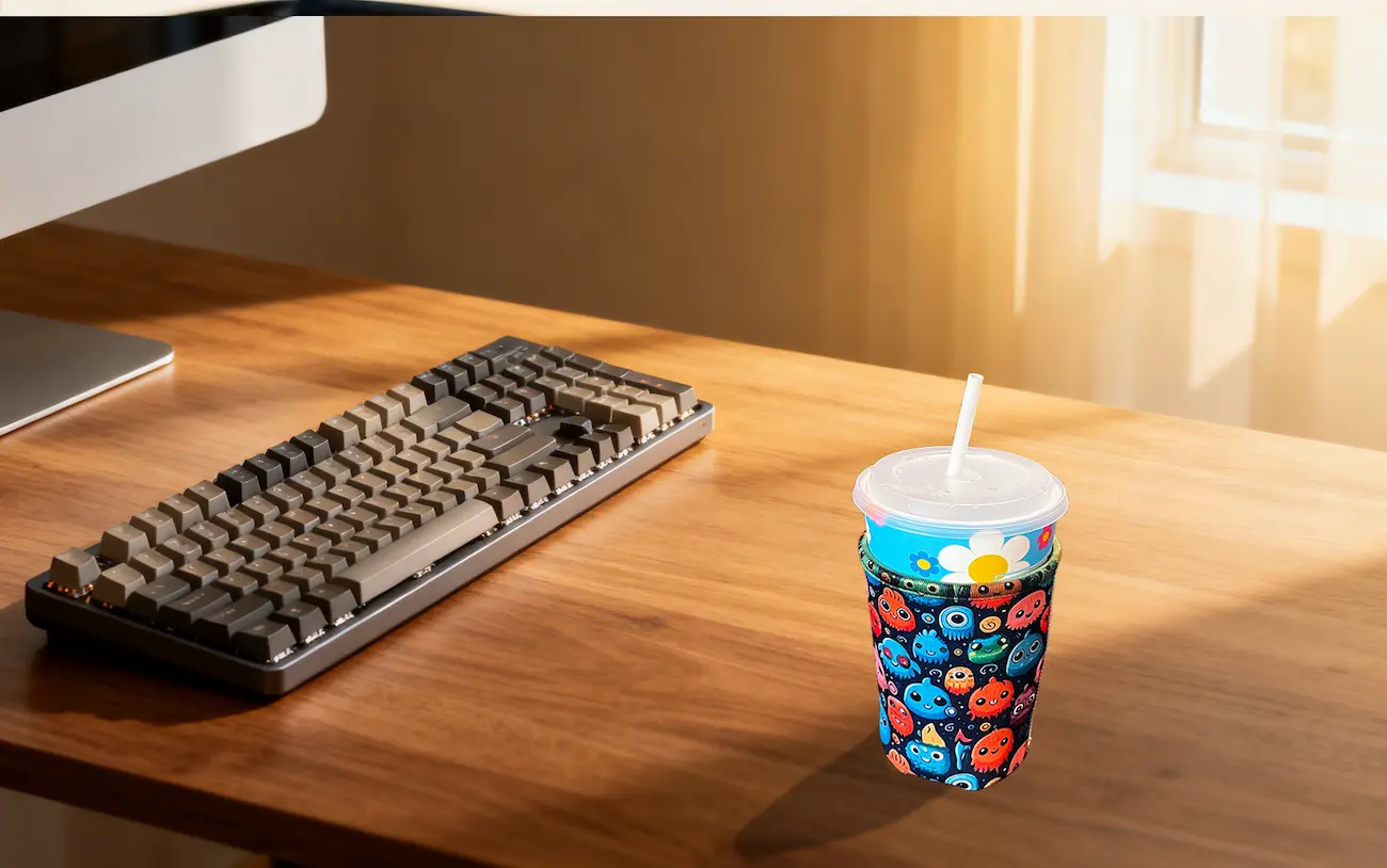 A custom printed coffee koozie on an office desk next to a laptop, showcasing the spill-proof security and condensation protection provided by NeopreneX SBR blanks.