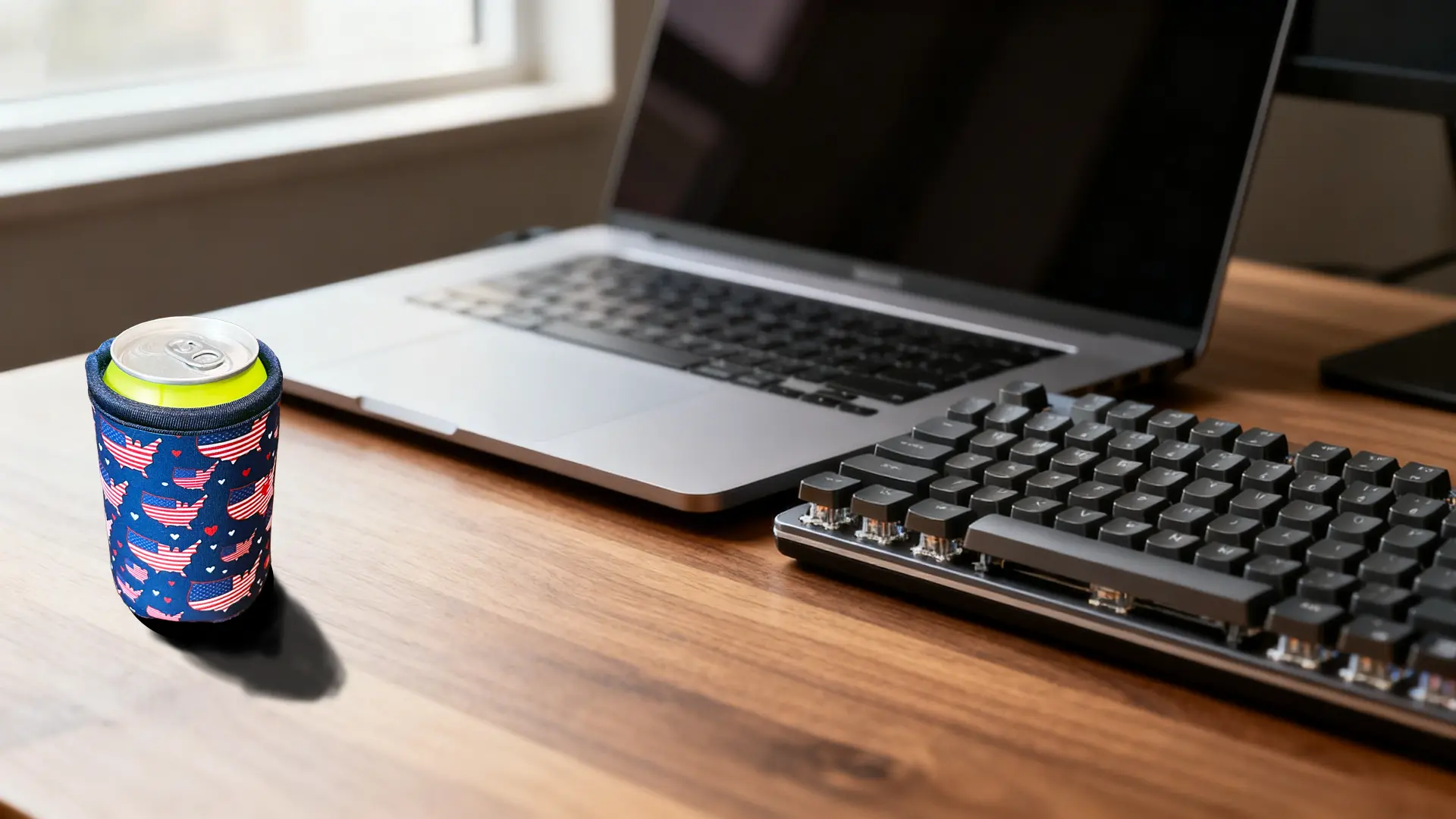 Customizable magnetic koozie blank on an office desk, highlighting spill-proof benefits and high-density sublimation surface for corporate gifts.