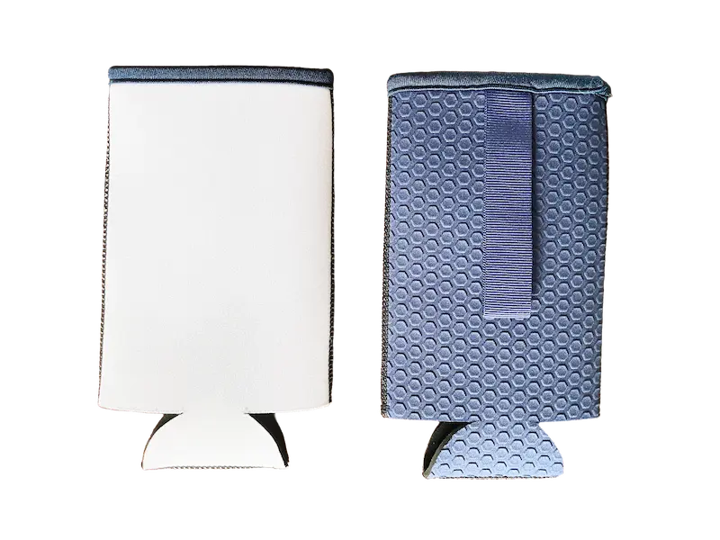 Standard white 15.0cm blank neoprene bottle koozie for sublimation with a blue honeycomb textured back and reinforced webbing handle, universal fit for 16oz-32oz water bottles.