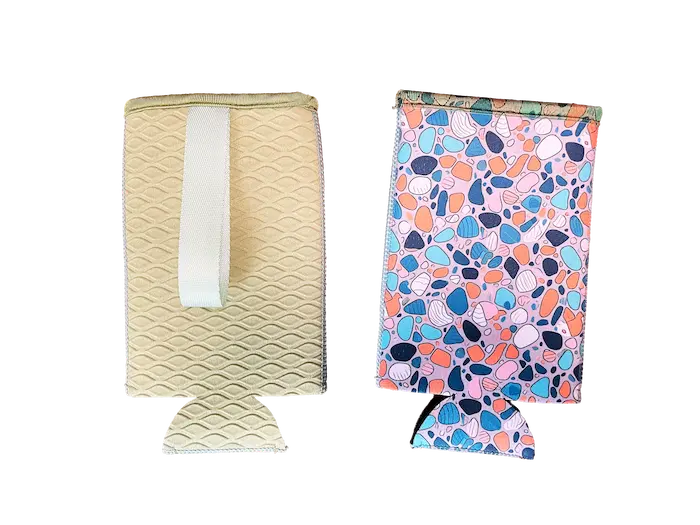 Wholesale standard 15cm neoprene bottle koozie with a pebble pattern front and reinforced webbing handle on a textured olive green back, designed for high-volume promotions.