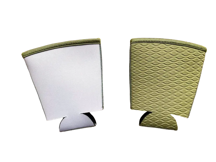 Standard white blank neoprene coffee sleeves for sublimation with olive green trim and embossed back, precision-cut as a universal fit for 16oz to 24oz cups with 12.0cm height.