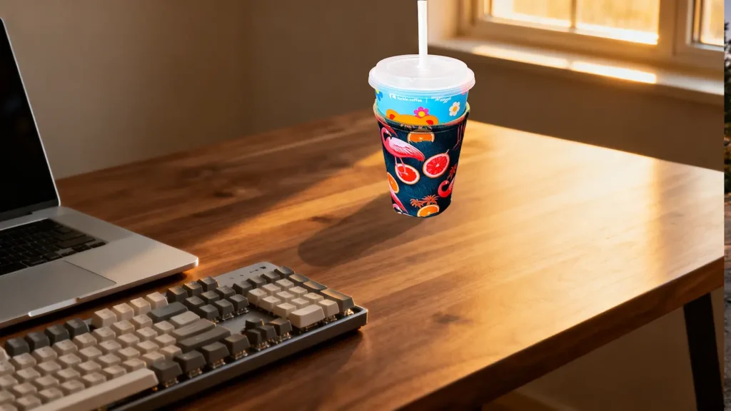 A vibrant custom-printed sublimation coffee sleeve on an office desk, demonstrating the closed-cell SBR core's ability to prevent water rings and condensation puddles in professional workspaces