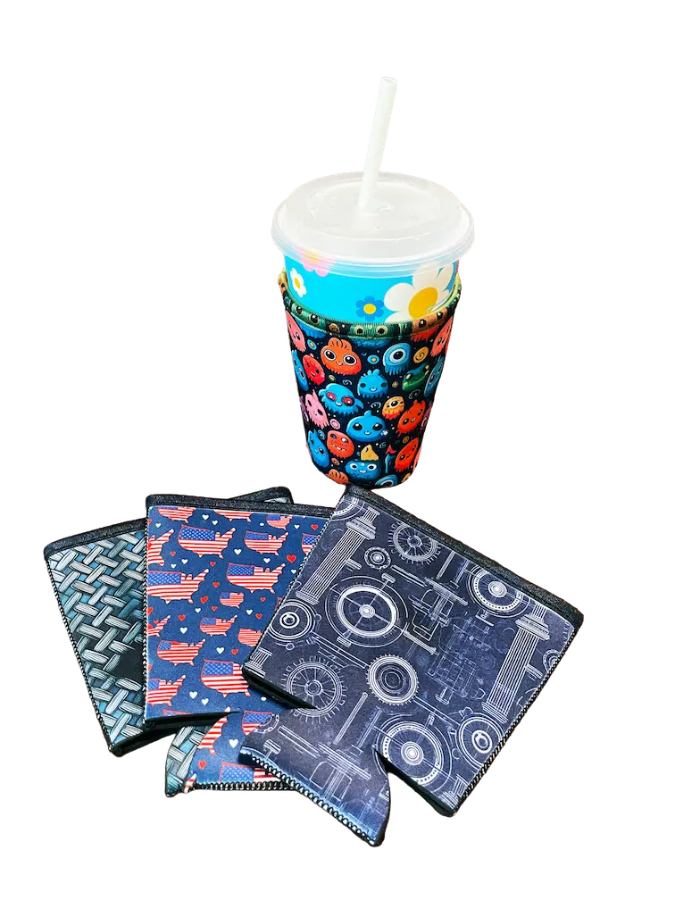 A professional fanned-out display of custom printed coffee koozie samples and a finished cup sleeve, demonstrating the high-fidelity sublimation results on SBR neoprene wholesale blanks for a high-margin business model