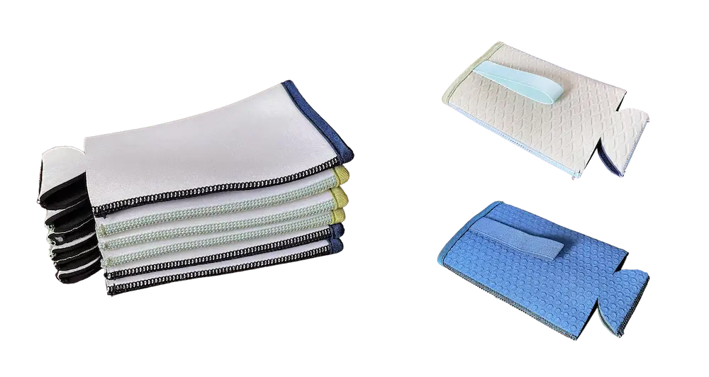 A stack of 15.0cm blank white neoprene bottle koozie blanks for sublimation alongside textured blue and white samples with reinforced webbing handles, designed for high-end hydration gear.
