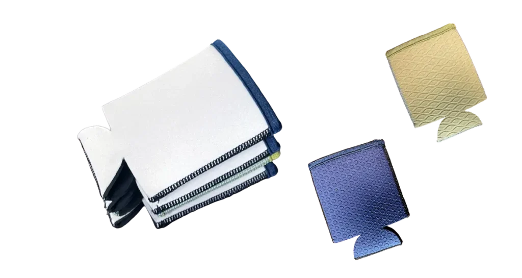 A professional display of blank white neoprene koozies stacked for bulk supply alongside textured blue and olive green samples, optimized for high-definition sublimation printing.