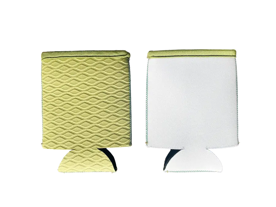 Standard 12oz blank neoprene can koozies for sublimation, featuring 4-needle 6-thread flatlock stitching and premium white polyester surface.