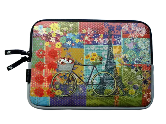 Full-bleed offset heat transfer printed neoprene laptop sleeve with colorful vibrant floral and Eiffel Tower patchwork graphics, showcasing high-definition multi-color precision for OEM brands.