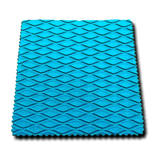 Close-up of blue embossed neoprene fabric with a diamond texture, suitable for high-end fashion bags and anti-slip laptop sleeve manufacturing.