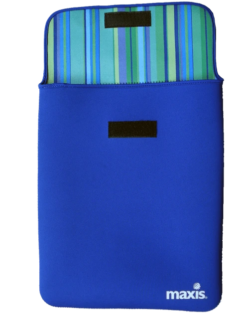 Blue custom envelope neoprene laptop sleeve with an open flap, green striped inner lining, and velcro closure, featuring the Maxis corporate logo for bulk B2B private label production.