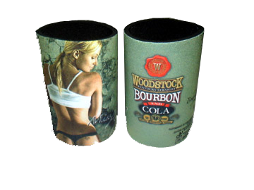 High-fidelity sublimation printed neoprene can koozie featuring Woodstock Bourbon Cola retro branding, showcasing full-surface color fidelity and graphic sharpness for premium private-label collections.