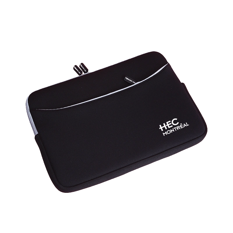 Black custom neoprene laptop case with an integrated curved zippered front accessory pocket and a high-contrast crisp white HEC Montreal institutional logo, showing B2B OEM factory printing quality.